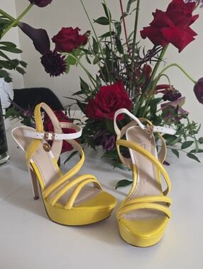 5/25$ Aldo Yellow Strappy Platform Heels with White Ankle Strap